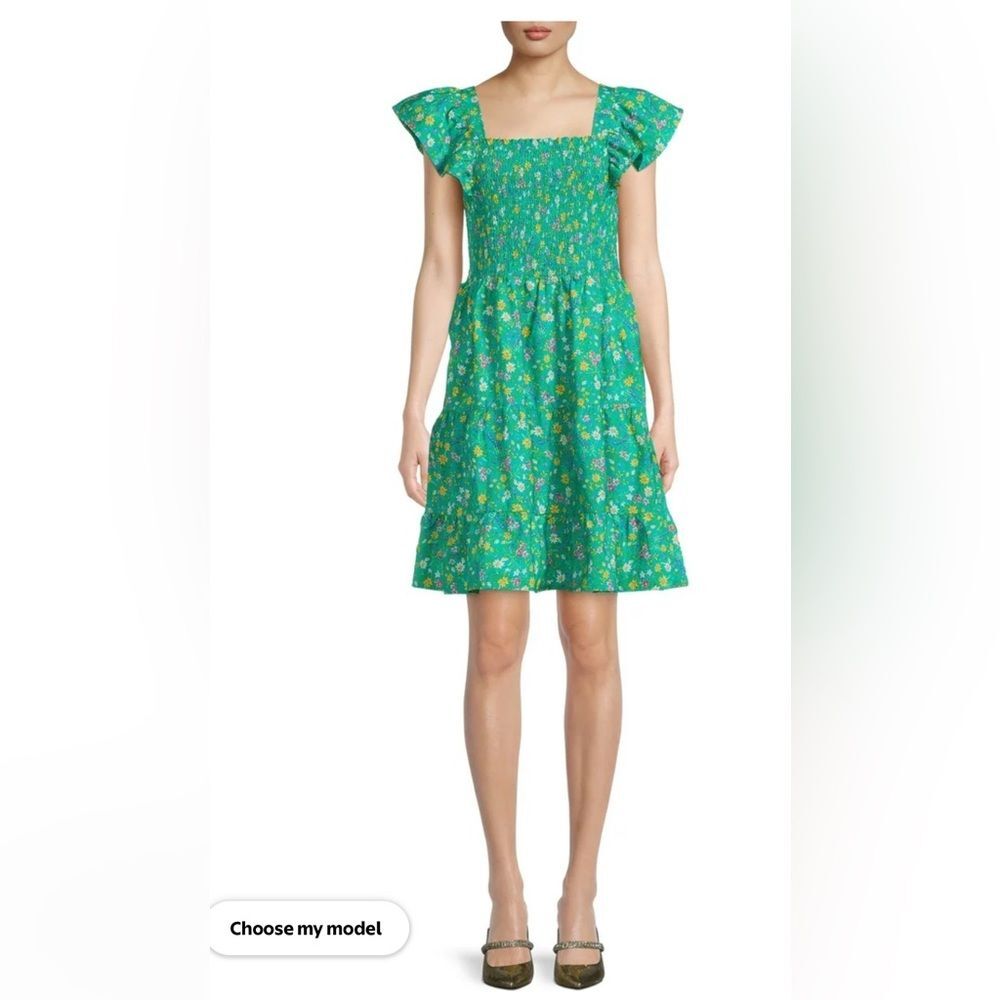 Time And Tru Women's Smocked Eyelet Green Floral Dress Size Large